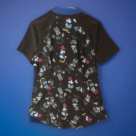 Disney Minnie Mouse Scrub Top Women's XS Black Patterned Short Sleeve - Picture 2 of 5